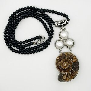 Ammonite Fossil Pearl Silver Tone Pendant Black Glass Round Ball Beaded Necklace